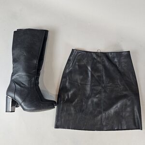 French brand Promod faux leather skirt and Grande Boulevards faux leather boots